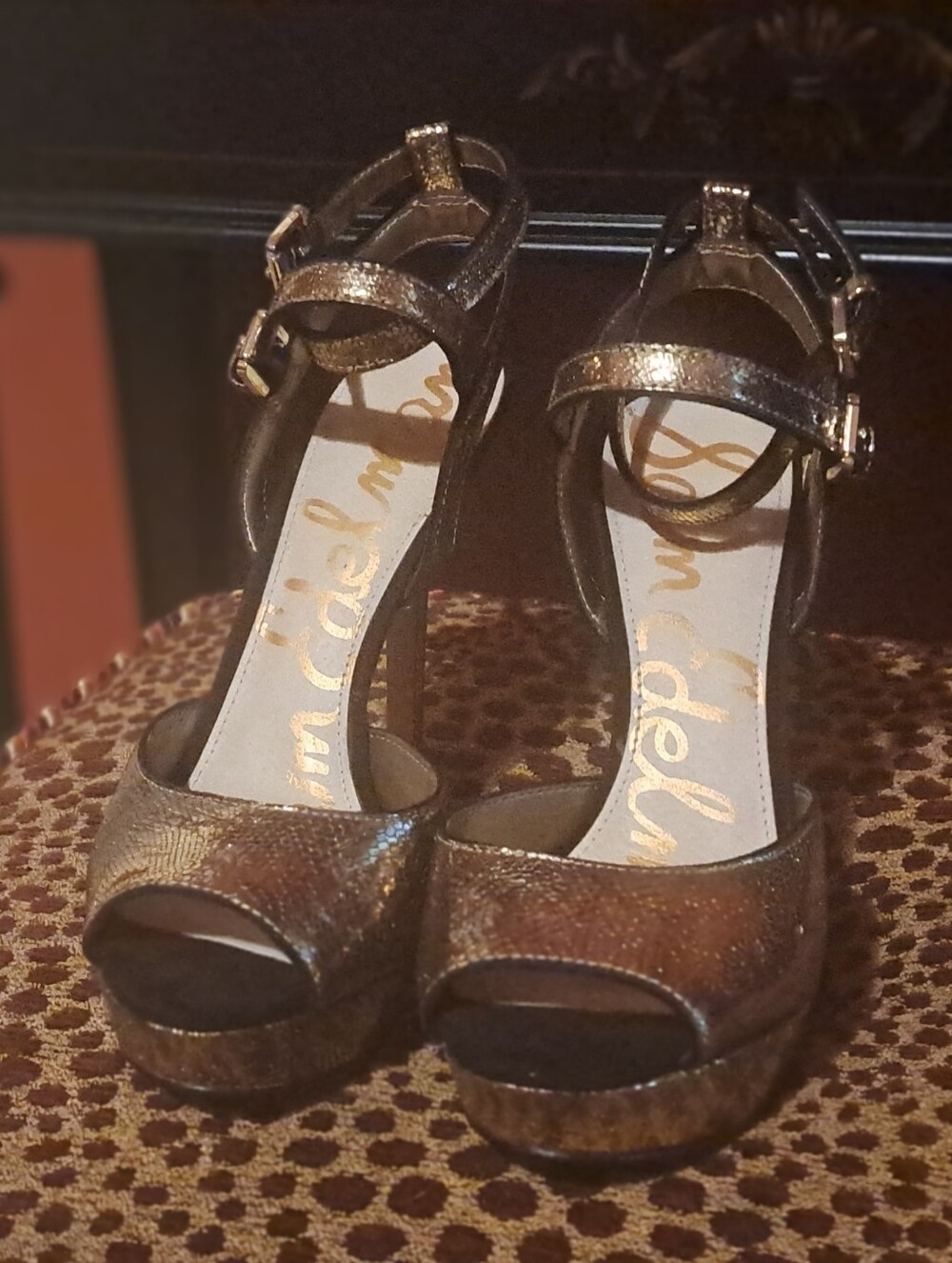 Sam Edelman Bronze Metallic Platform Ankle-Strap Sandals
